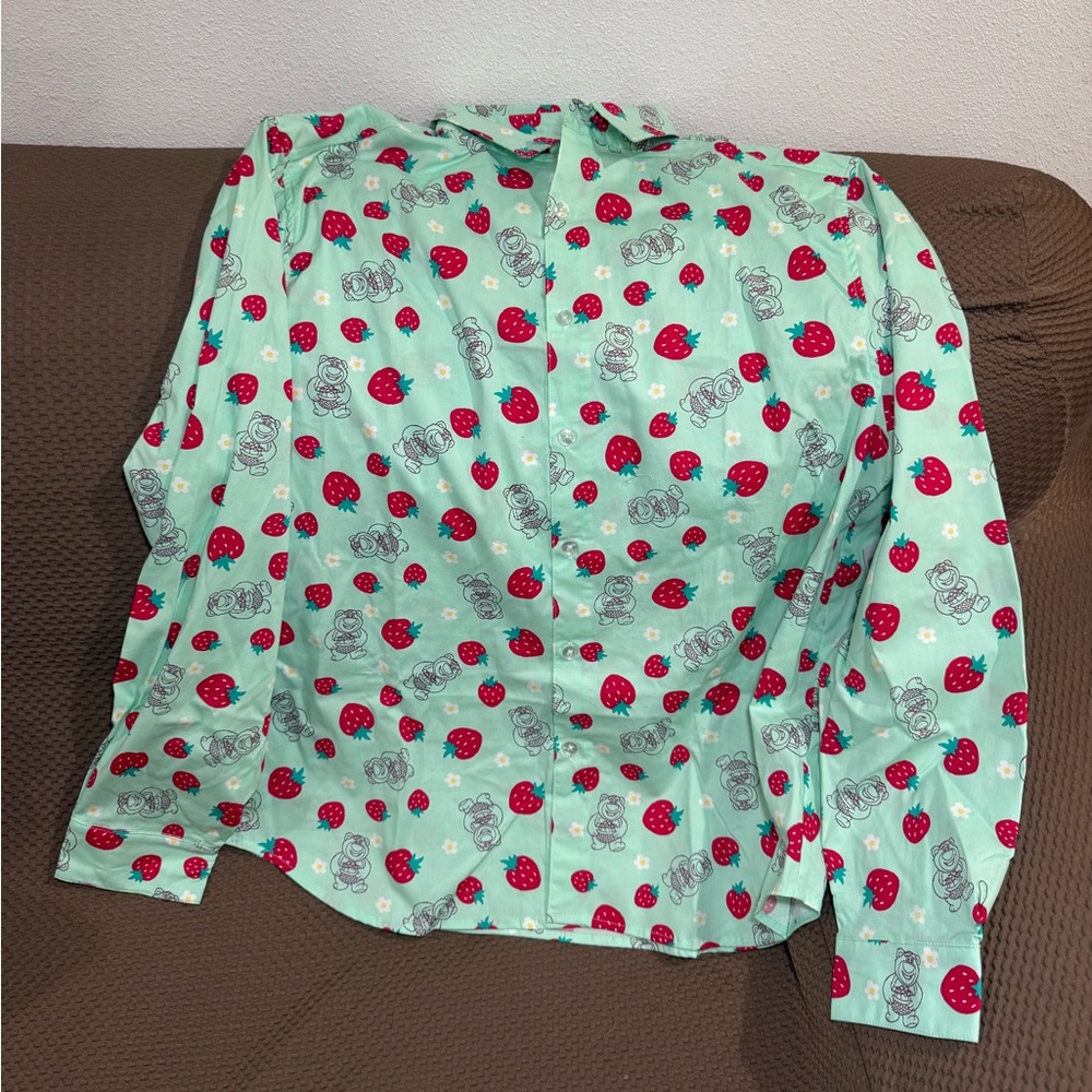 Disney Parks Lotso Bear Strawberry Button Up Shirt Long Sleeve L/Large NEW
